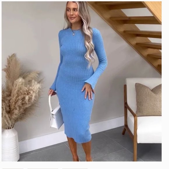 ZARA WOMAN STRETCH LONG SLEEVE BABY BLUE RIBBED KNIT MIDI MAXI DRESS $89.90 - Picture 8 of 15